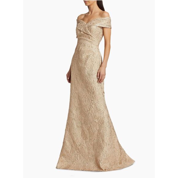 NWT Teri Jon by Rickie Freeman Metallic Jacquard Off-The-Shoulder Gown Size US8 - Picture 3 of 10